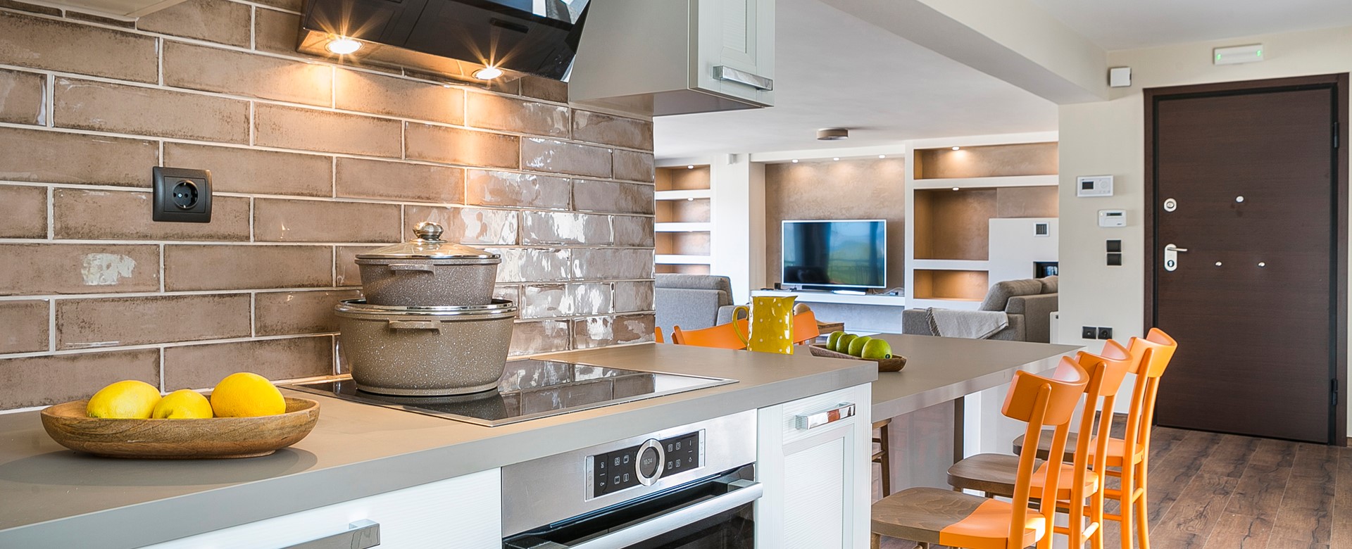 Modern clean and spacious open plan kitchen and living space inside Marina Penthouse Apartment, Argostoli, Kefalonia, Greek Islands