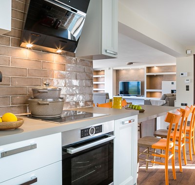Modern clean and spacious open plan kitchen and living space inside Marina Penthouse Apartment, Argostoli, Kefalonia, Greek Islands