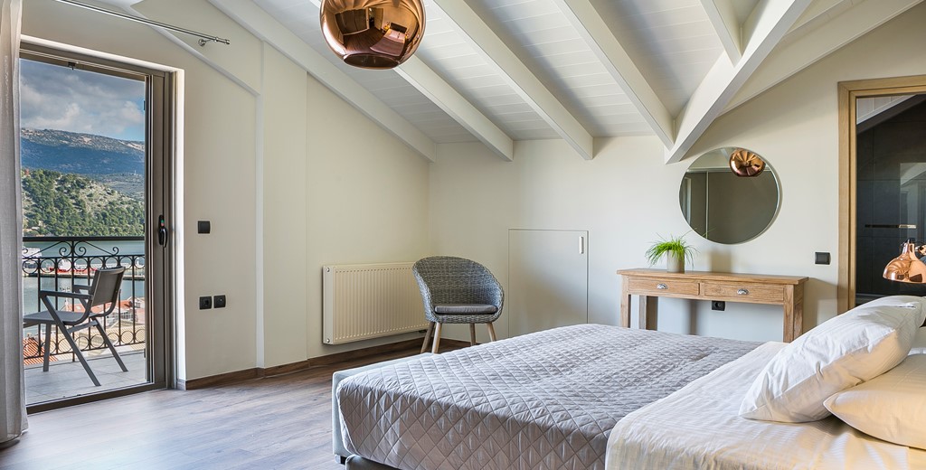 Lofty vaulted ceiling inside one of the large double bedrooms of Marina Penthouse Apartment, Argostoli, Kefalonia, Greek Islands