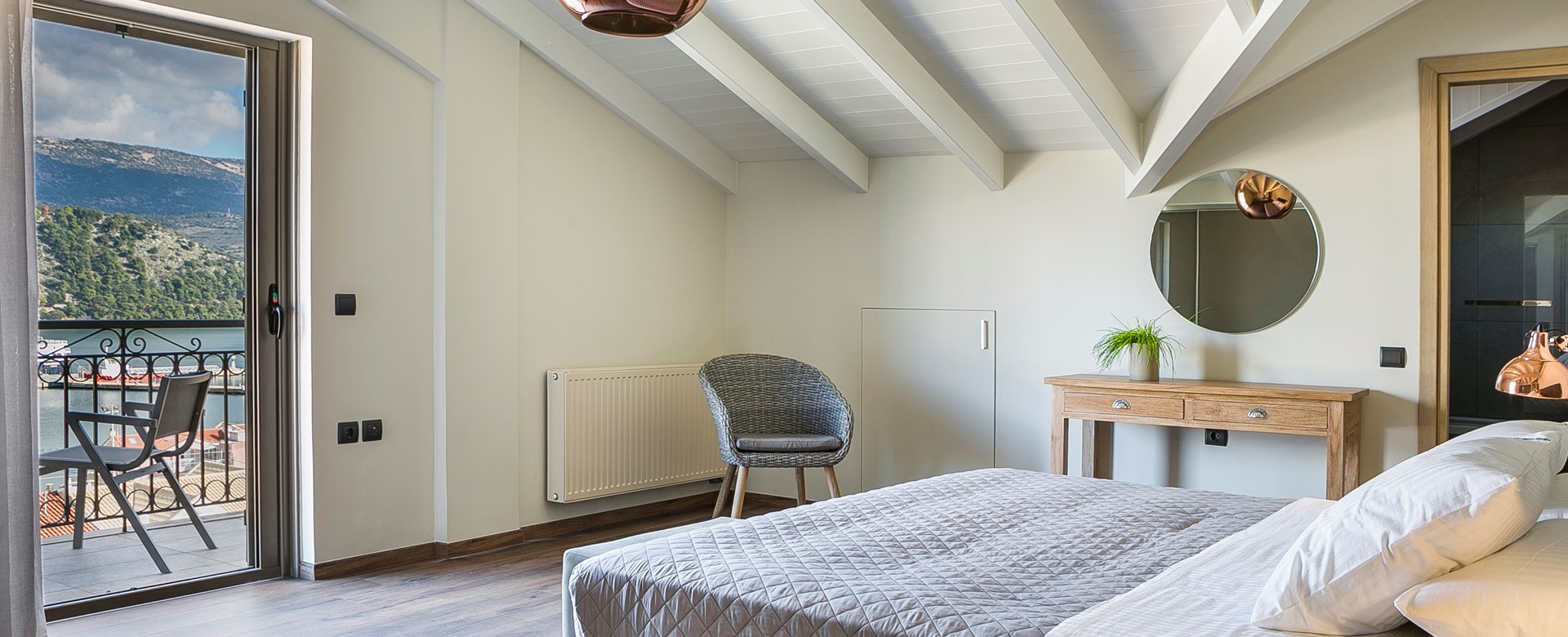 Lofty vaulted ceiling inside one of the large double bedrooms of Marina Penthouse Apartment, Argostoli, Kefalonia, Greek Islands