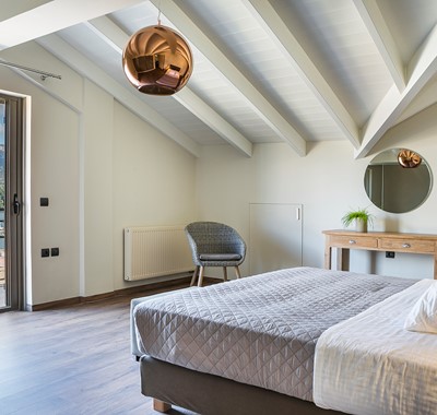 Lofty vaulted ceiling inside one of the large double bedrooms of Marina Penthouse Apartment, Argostoli, Kefalonia, Greek Islands