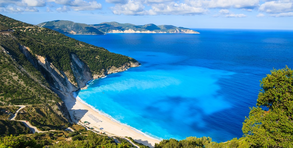 View of beautiful Myrtos bay and beach on Kefalonia island, Greek Islands