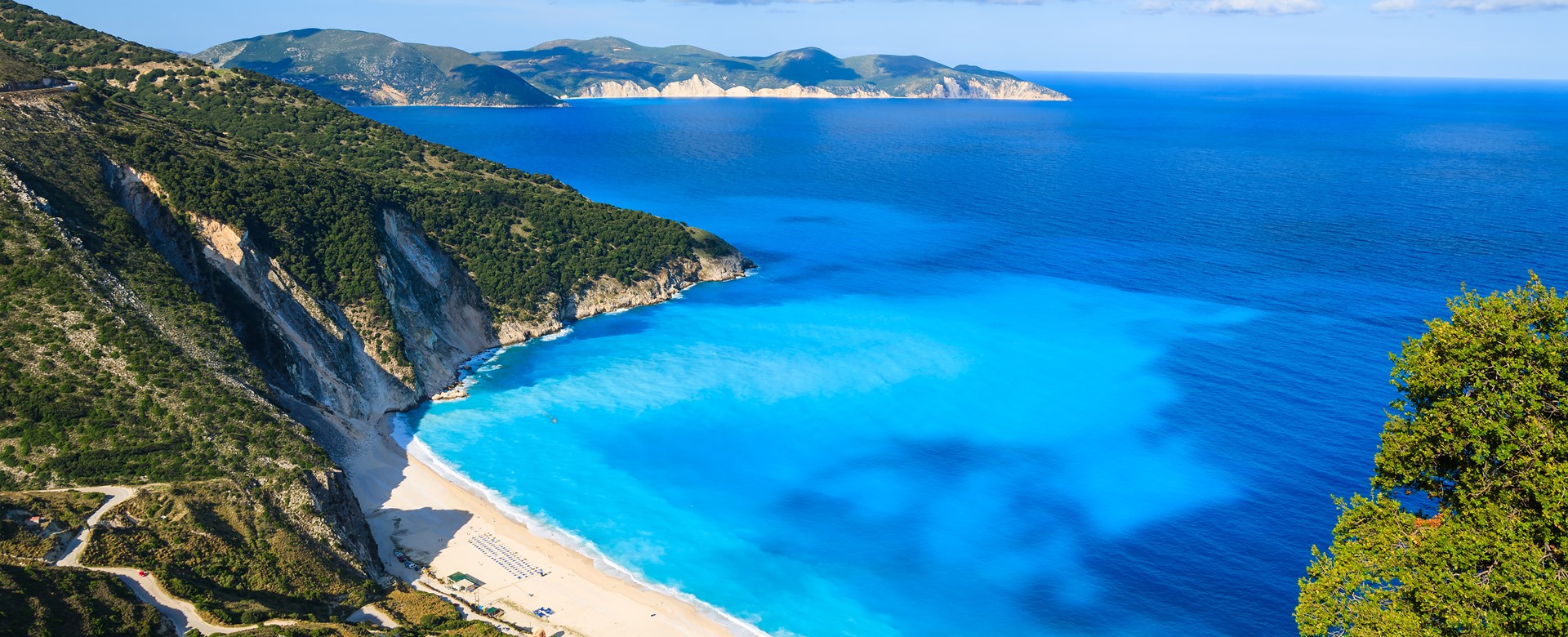 View of beautiful Myrtos bay and beach on Kefalonia island, Greek Islands
