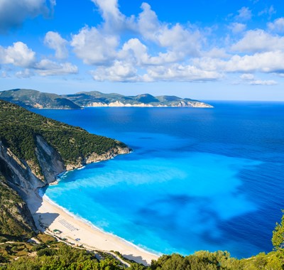 View of beautiful Myrtos bay and beach on Kefalonia island, Greek Islands