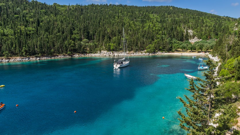 Calm secluded bay with Foki Beach Fiscardo, Kefalonia, Greek Islands