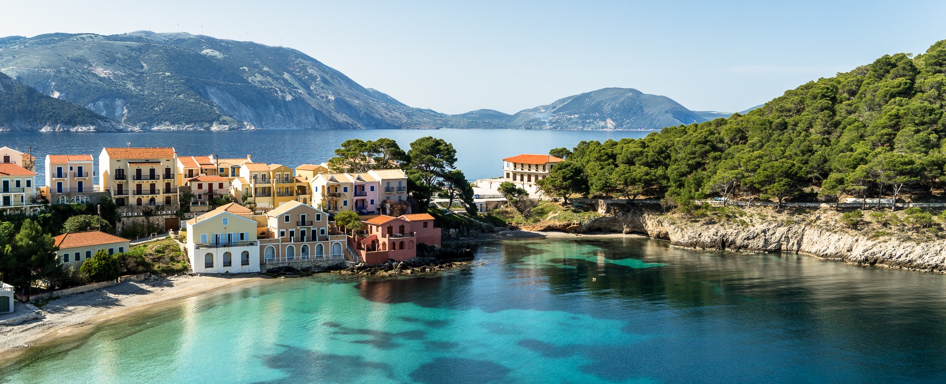 Looking down onto the land bridge that joins Assos and the Venetian fort, Kefalonia, Greek Islands